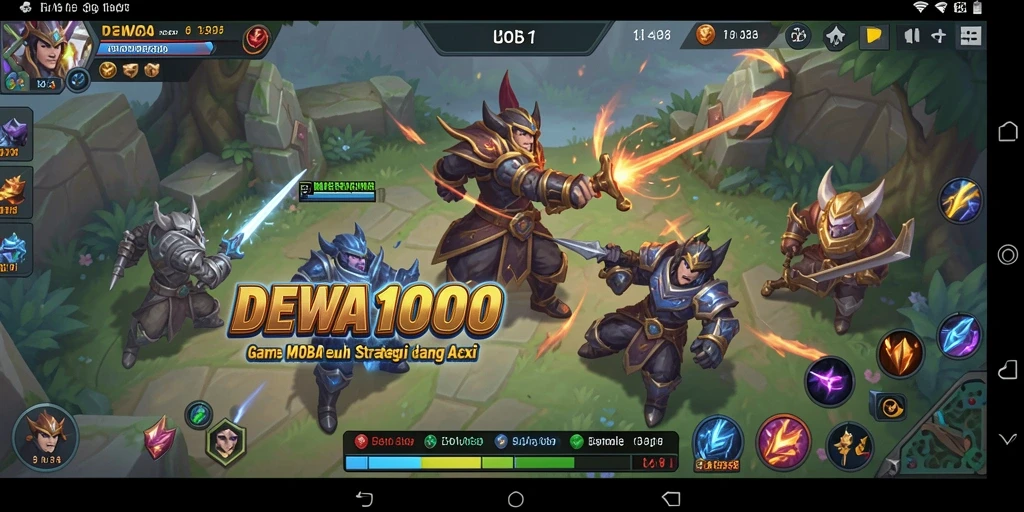 Screenshot DEWA1000 menampilkan pertarungan heroik dalam pertandingan MOBA.