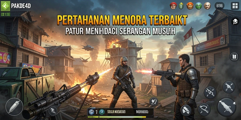Tangkapan layar gameplay menunjukkan pertahanan menara yang strategis di PAKDE4D.