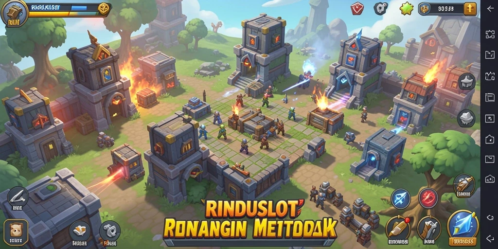 Tampilan layar permainan RINDUSLOT menampilkan strategi menara pertahanan yang seru.