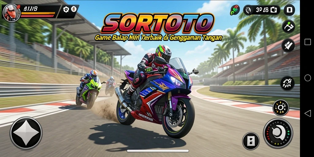 Gameplay SORTOTO yang menegangkan dengan balapan motor cepat.